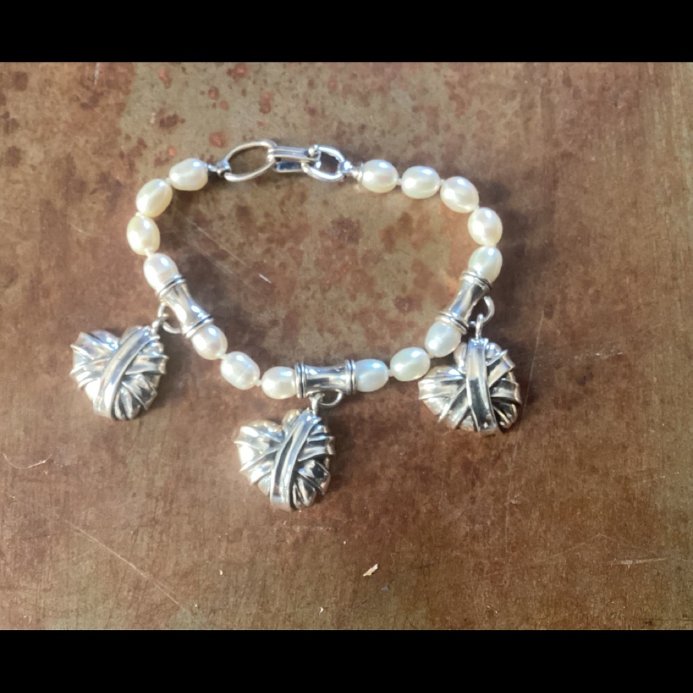 Vintage Barry Kieselstein Cord “Mended Heart” Sterling & FW Pearl  Bracelet 7”